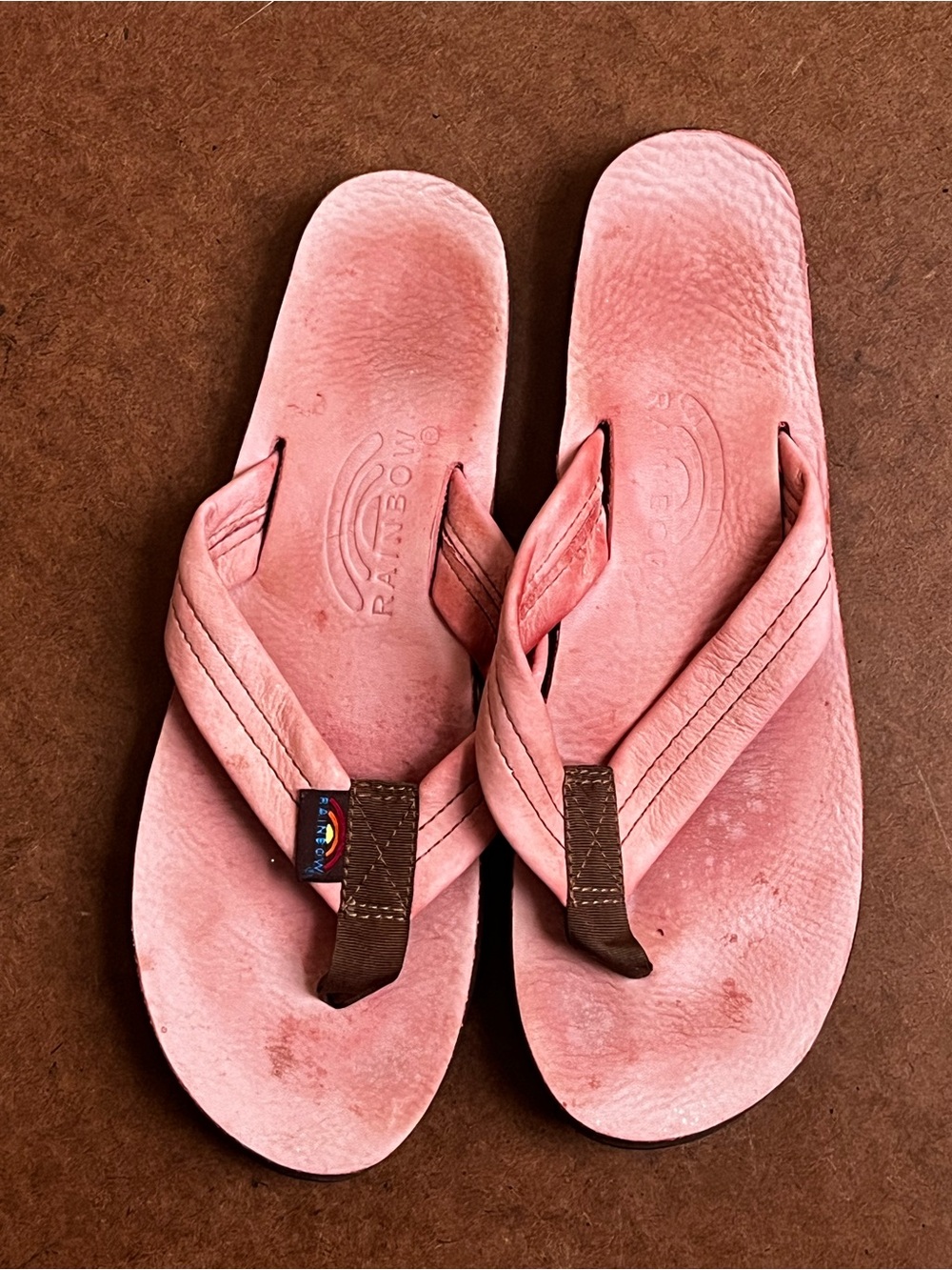 Rainbow Pink Women's Leather Flip Flop Sandals with Brown Accents Size L 7.5-8.5